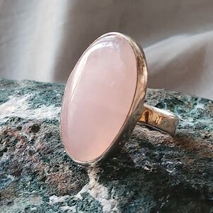 Vintage Large Oval Rose Quartz Sterling Silver Ring